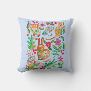 Folk Art Floral Animal Friends Pale Blue Kissen