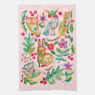 Folk Art Floral Animal Friends Pink Küche Handtuch