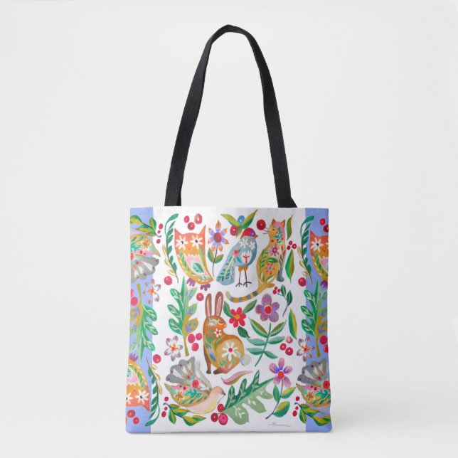 Folk Art Floral Animal Friends White anpassbar Tasche (Vorderseite)