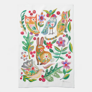 Folk Art Floral Animal Friends White Geschirrtuch