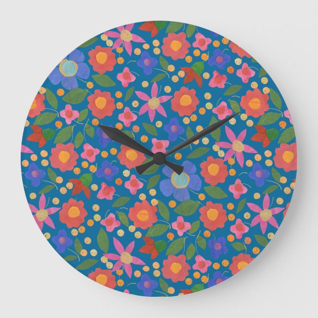 Folk Art Floral auf blaue Acrylwand Uhr (Vorderseite)