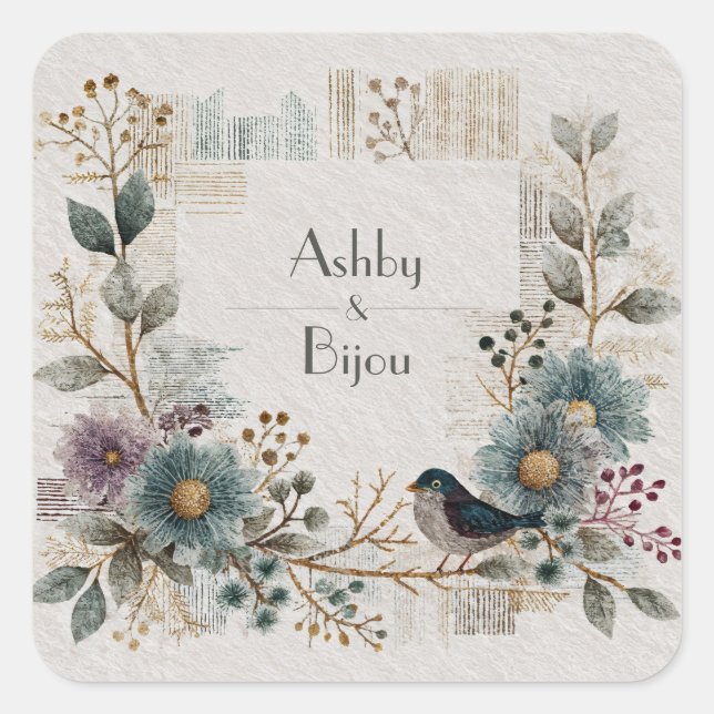 Folk Art Floral Bird Wedding Quadratischer Aufkleber (Vorderseite)