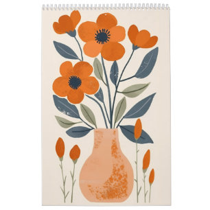 Folk Art Floral Calendrier mural à fleurs orange
