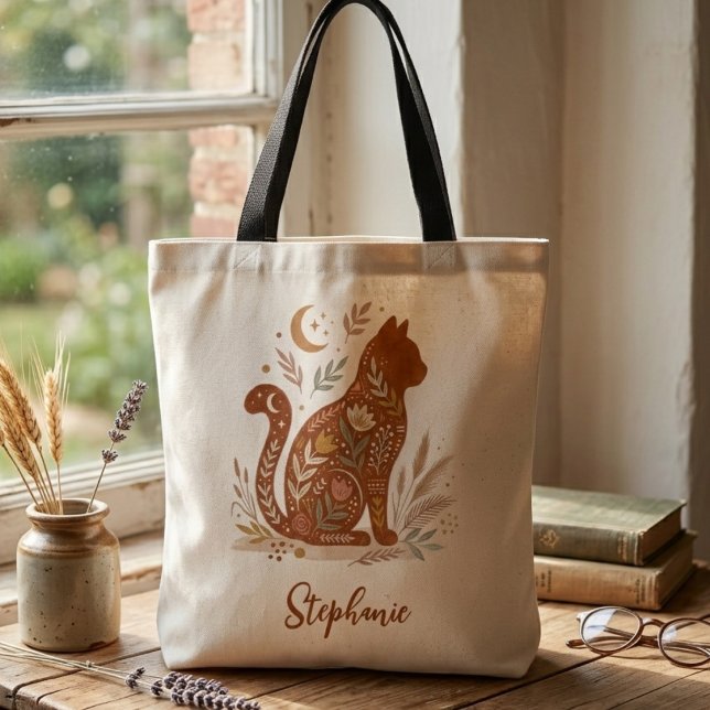 Folk Art Floral Cat Celestial Moon Mama Gift Tasche (Folk Art Floral Cat Tote Bag)