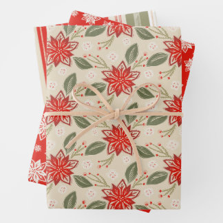 Folk Art Floral Christmas Poinsettia Set 3 Geschenkpapier Set