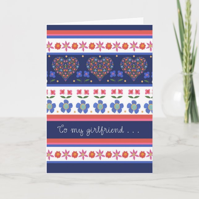 Folk Art Floral Coeurs carte d'anniversaire, amie (Devant)