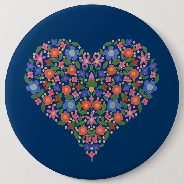 Folk Art Floral Heart on Blue Round Button (Vorderseite)