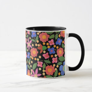 Folk Art Floral on Black Ringer Coffee Tasse