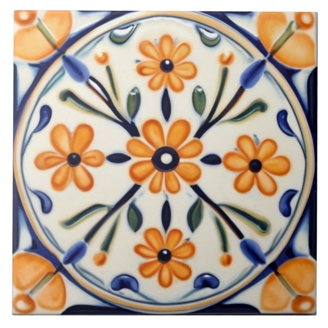 Folk Art Floral Orange Blume Blauer Kreis Fliese (Vorderseite)