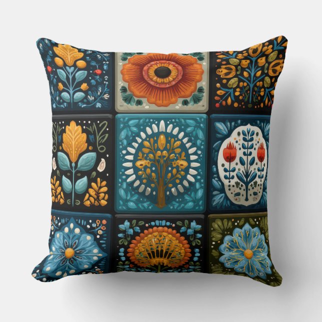Folk Art Floral Tile Pattern Decorative Throw Pill Kissen (Vorderseite)