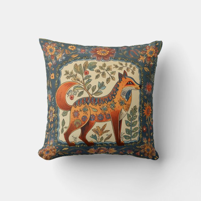 Folk Art Fox und Blume Aquamarin Blue Creme Kissen (Vorderseite)