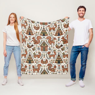 Folk Art Fuchs, Eichhörnchen, Rotkehlchen Nordisch Fleecedecke