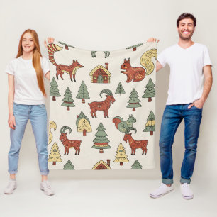 Folk-Art-Fuchs-Eichhörnchen-Ziege-Nordisches-Muste Fleecedecke