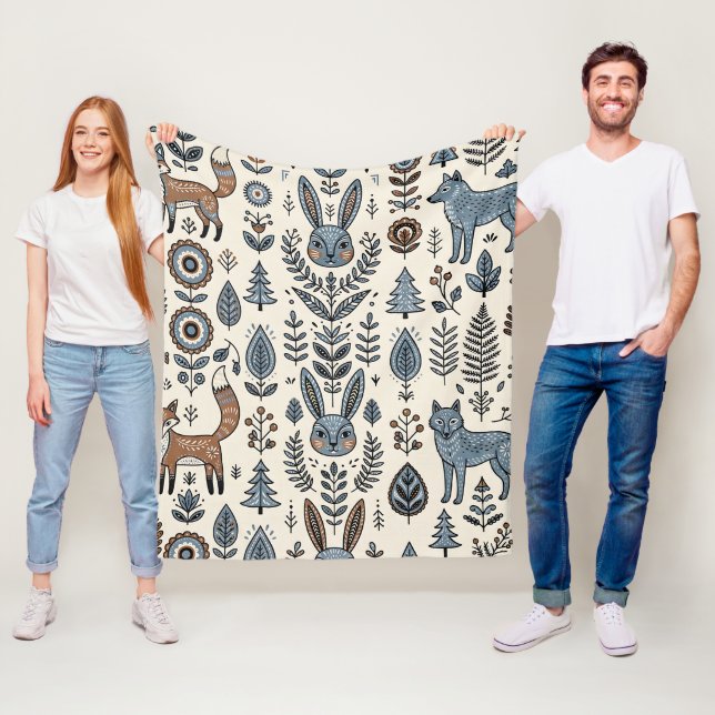 Folk-Art-Fuchs-Hase-Wolf-Wald-Decke Fleecedecke (Beispiel)