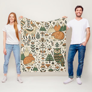 Folk-Art-Fuchs-und-Igel-Nordic-Walddecke Fleecedecke