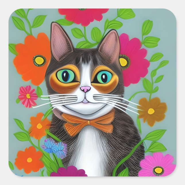 Folk Art Funny Cat mit roten Blume Quadratischer Aufkleber (Vorderseite)