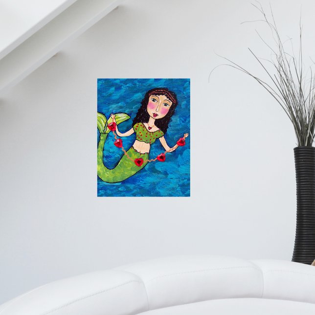 Folk Art Green Mermaid String von Red Hearts Poster (Mermaid green tail black hair with string of red hearts on blue wall art poster.)
