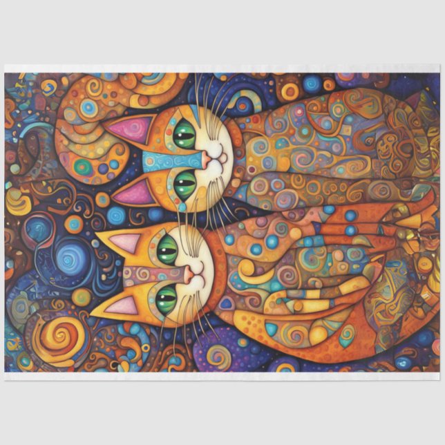Folk Art helle farbige Katzen Dekoupage Seidenpapier (Vorderseite)
