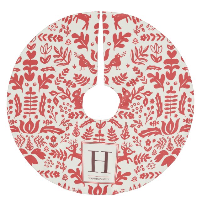 Folk Art Holiday Monogram Tree Skirt Polyester Weihnachtsbaumdecke (Vorderseite)