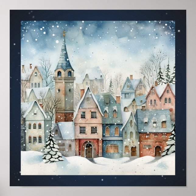 Folk Art Houses Snow Trees Poster (Vorne)