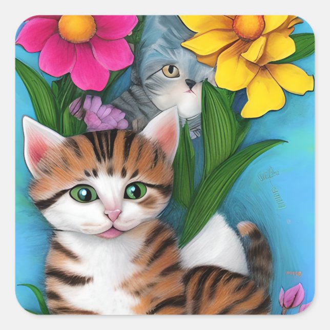 Folk Art Kittens und Blume Quadratischer Aufkleber (Vorderseite)