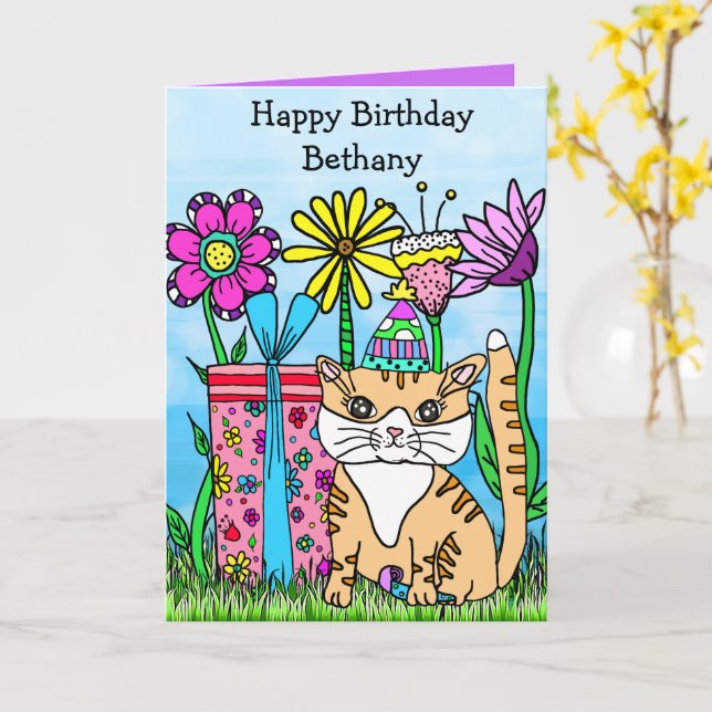 Folk Art Kitty Cat und farbenfrohe Blume Karte (Gelbe Blume)