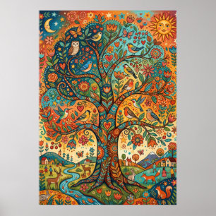Folk-Art-Lebensbaum-Kunst Farbiger Himmel Poster