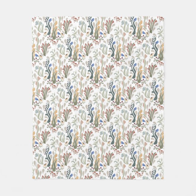 Folk Art Meadow & Blue Bird in Earth Tones Fleecedecke (Vorderseite)