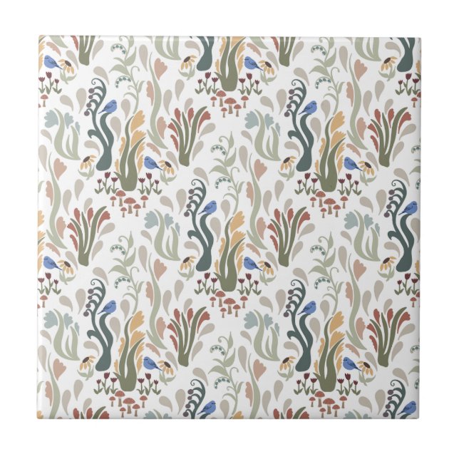 Folk Art Meadow & Blue Bird in Earth Tones Fliese (Vorderseite)