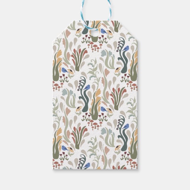 Folk Art Meadow & Blue Bird in Earth Tones Geschenkanhänger (Vorderseite)