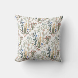 Folk Art Meadow & Blue Bird in Earth Tones Kissen