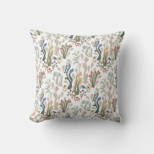 Folk Art Meadow & Blue Bird in Earth Tones Kissen