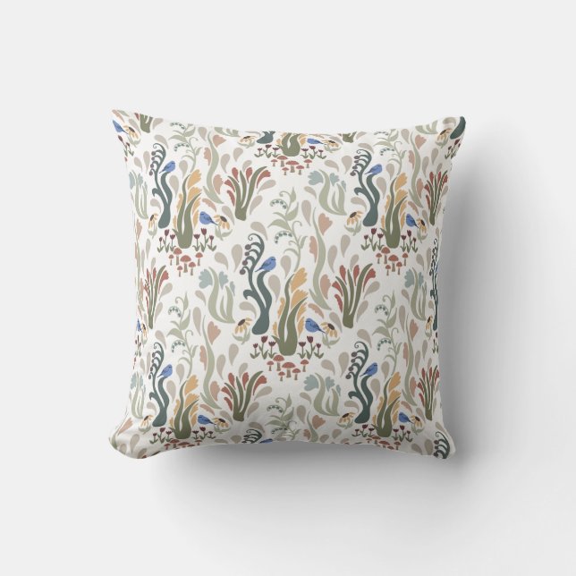 Folk Art Meadow & Blue Bird in Earth Tones Kissen (Vorderseite)