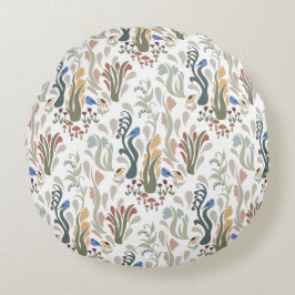 Folk Art Meadow & Blue Bird in Earth Tones Rundes Kissen