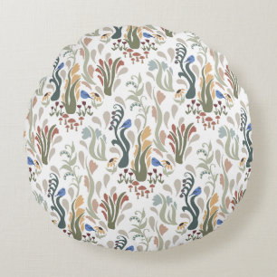 Folk Art Meadow & Blue Bird in Earth Tones Rundes Kissen