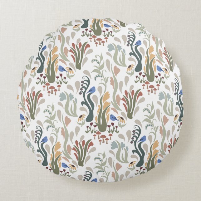 Folk Art Meadow & Blue Bird in Earth Tones Rundes Kissen (Vorderseite)