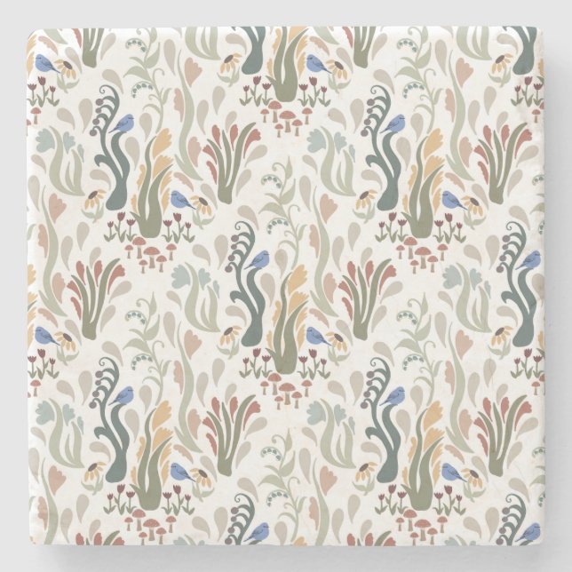 Folk Art Meadow & Blue Bird in Earth Tones Steinuntersetzer (Vorderseite)