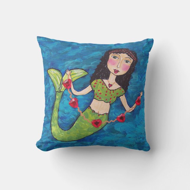 Folk Art Mermaid Green Schwanz String of Red Heart Kissen (Vorderseite)