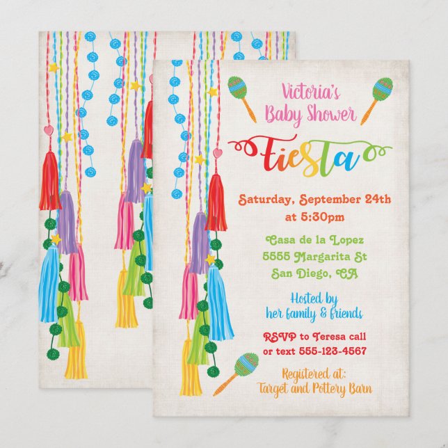 Folk Art Mexican Fiesta Baby Shower Einladung (Vorne/Hinten)