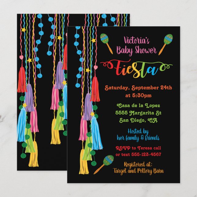 Folk Art Mexican Fiesta Baby Shower Einladung (Vorne/Hinten)
