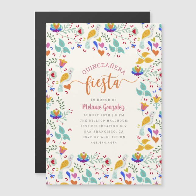 Folk Art Mexican Floral Quinceñera Fiesta Magneteinladung (Vorne/Hinten)
