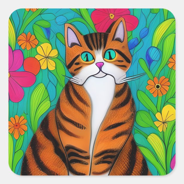 Folk Art Orange Cat und Blume Quadratischer Aufkleber (Vorderseite)