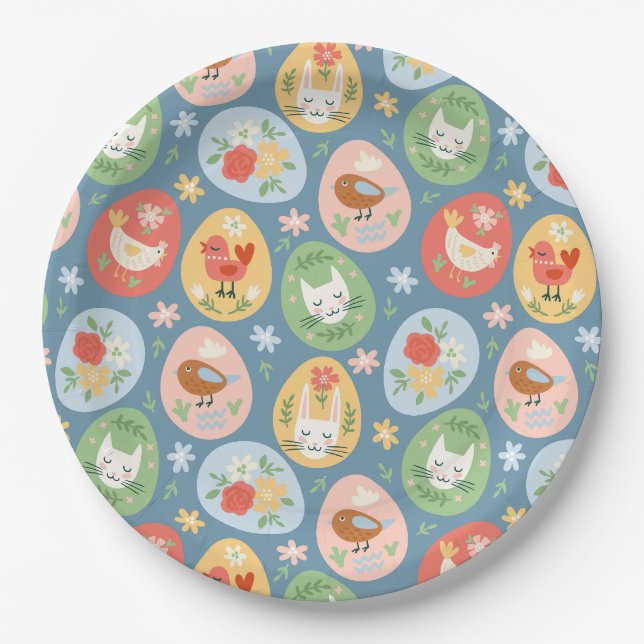Folk Art Ostereierkatze, Bunny, Kick Oster Pappteller (Vorderseite)