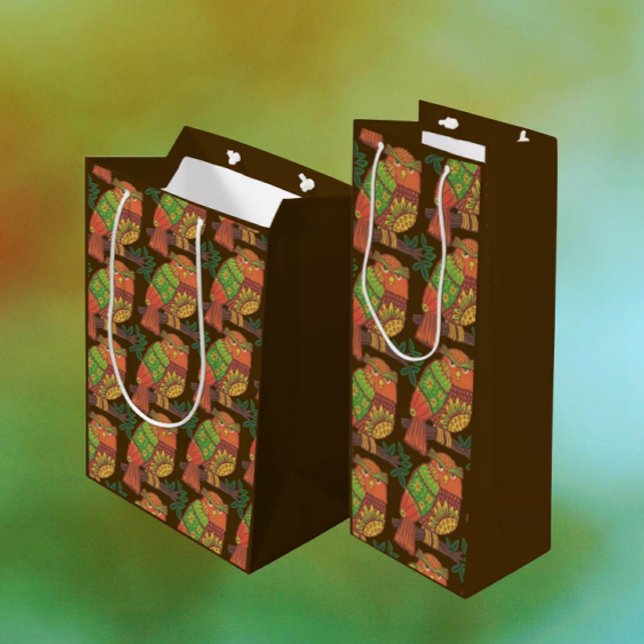 Folk Art Owls on Branches Jeder Anlass Geschenktüte Für Weinflaschen (Von Creator hochgeladen)