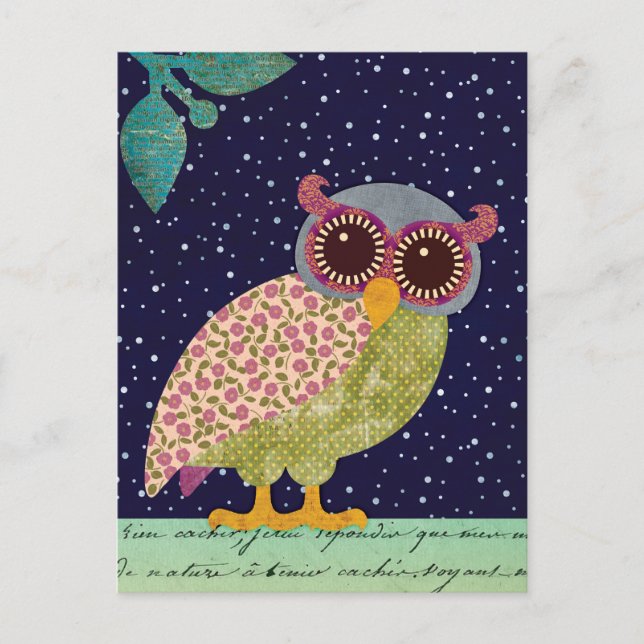 Folk Art Pattern Owl at Night Postkarte (Vorderseite)