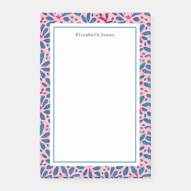 Folk Art Pink und Blue Floral Post-it Klebezettel (Vorderseite)