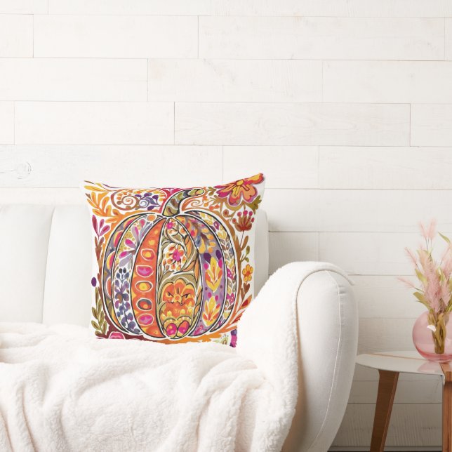 Folk Art Pumpkin Keuchkröte Rustikale Fall Blume Kissen (Liege)
