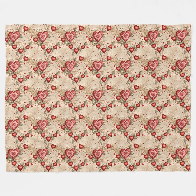 Folk Art Red Hearts Fleecedecke (Vorderseite (Horizontal))