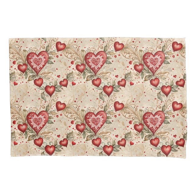 Folk Art Red Hearts Kissenbezug (Vorderseite)