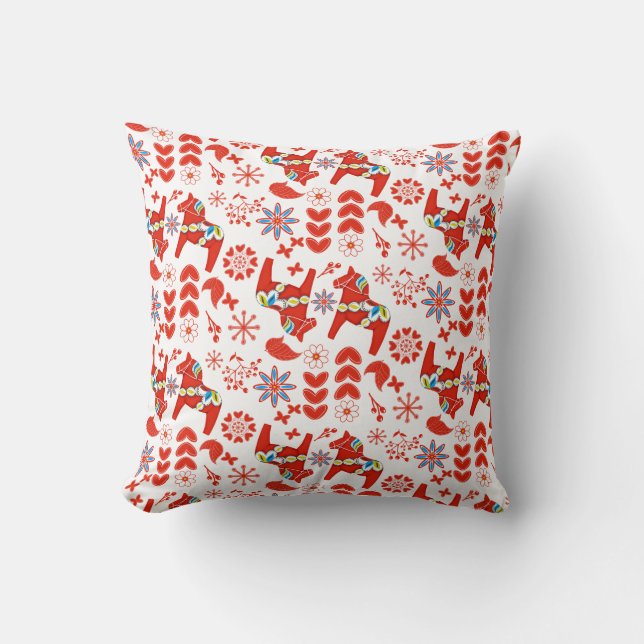 Folk Art Red Swedish Dala Horse Floral Pattern Kissen (Vorderseite)